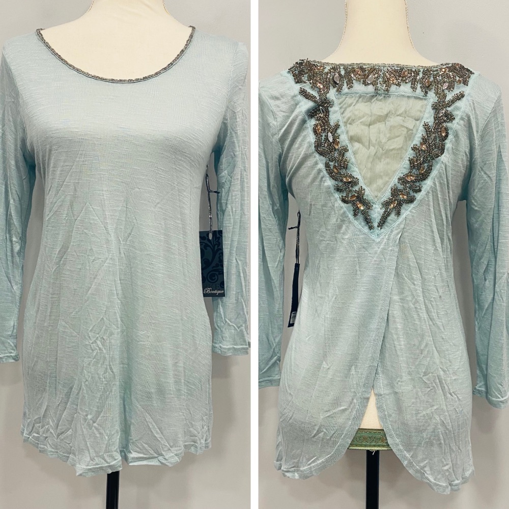 NWT BKE S Aqua Sheer Beaded Gemstone Open Back 3/4 Sleeve Sparkle Glam Blouse